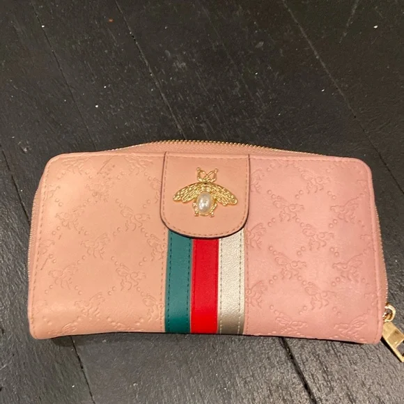 Pink and Green Honey bee Wallet with Gold Hardware and Structured Design - Picture 8 of 9